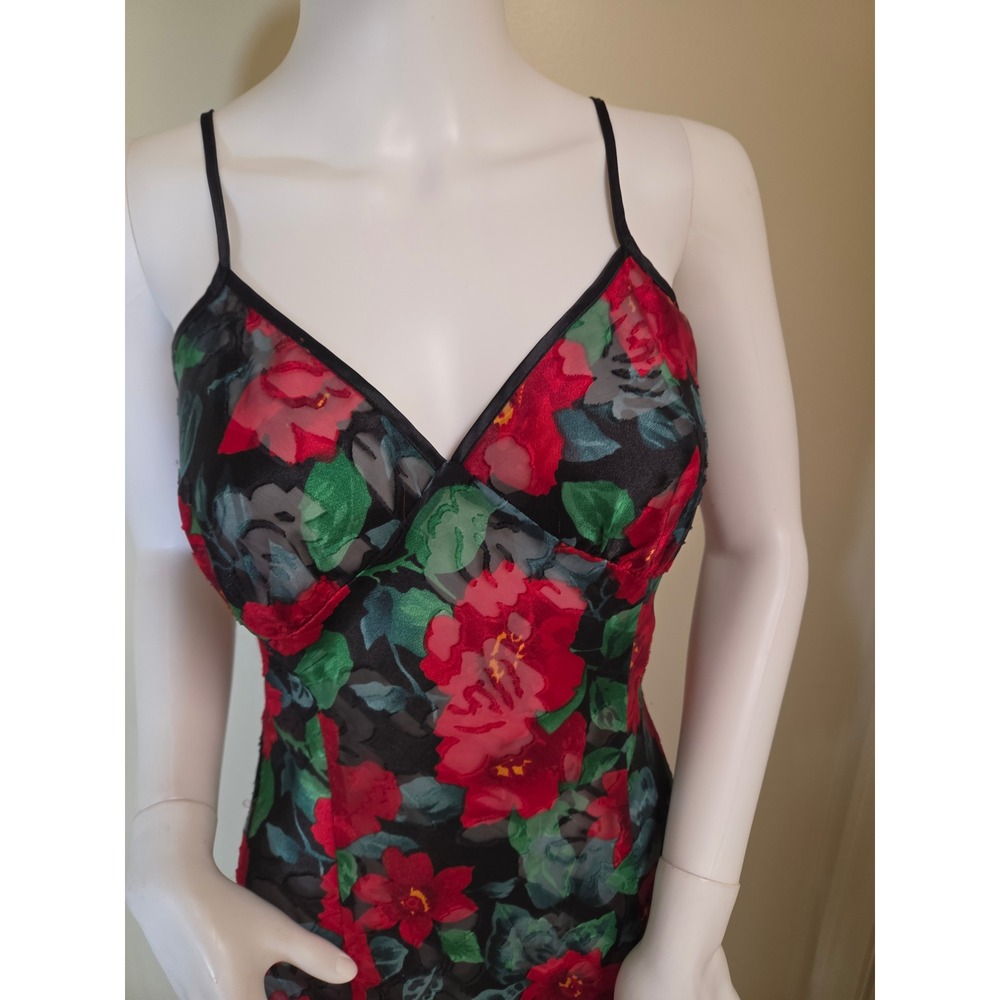 Vintage 1980S Victorias Secret Gold Label Red Floral Burnout Maxi Slip Dress M - Picture 7 of 12